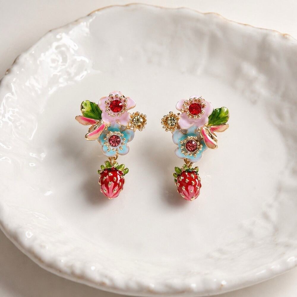 Strawberry Flower Earrings Enamel Stud CZ Gold Leaf Blossom French Designer